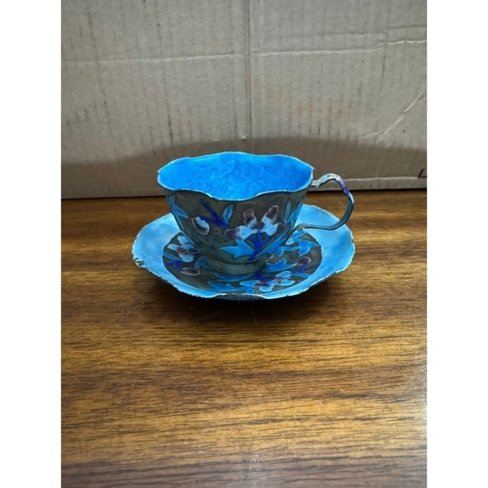 Antique Chinese Export Copper Enameled Flower Teacup Saucer with Flower Blue